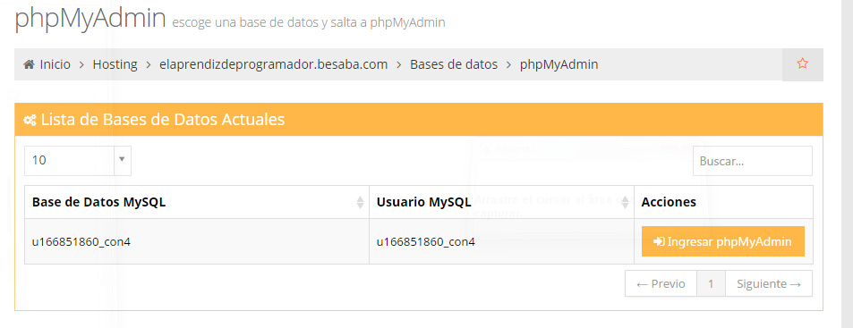 phpMyAdmin en el panel lateral