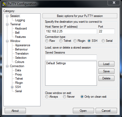 PuTTY - introducir IP del servidor