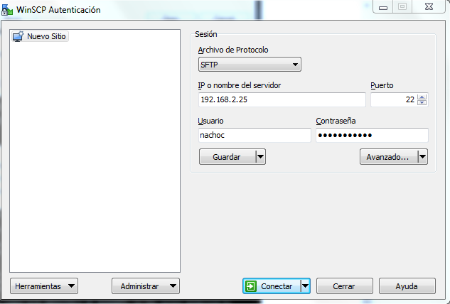 WinSCP - pantalla de conexión