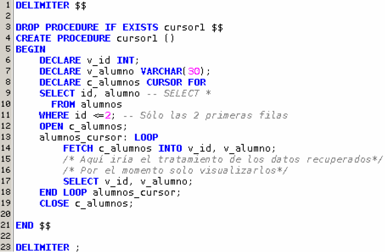 Ejemplo de cursor básico sobre la tabla alumnos