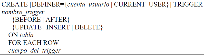 Sintaxis de un trigger en MySQL