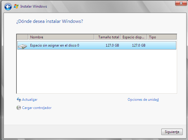 Selección del disco y partición