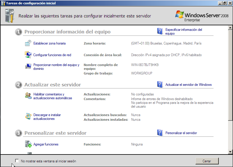 Pantalla de bienvenida de Windows Server 2008