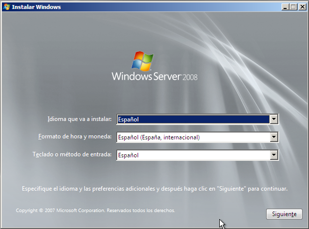 Inicio de la instalación de Windows Server 2008