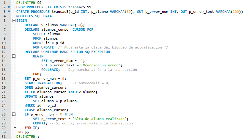 Ejemplo de CURSOR FOR UPDATE