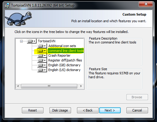 Instalación de TortoiseSVN con opción de consola