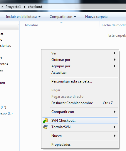 Menú contextual SVN CheckOut