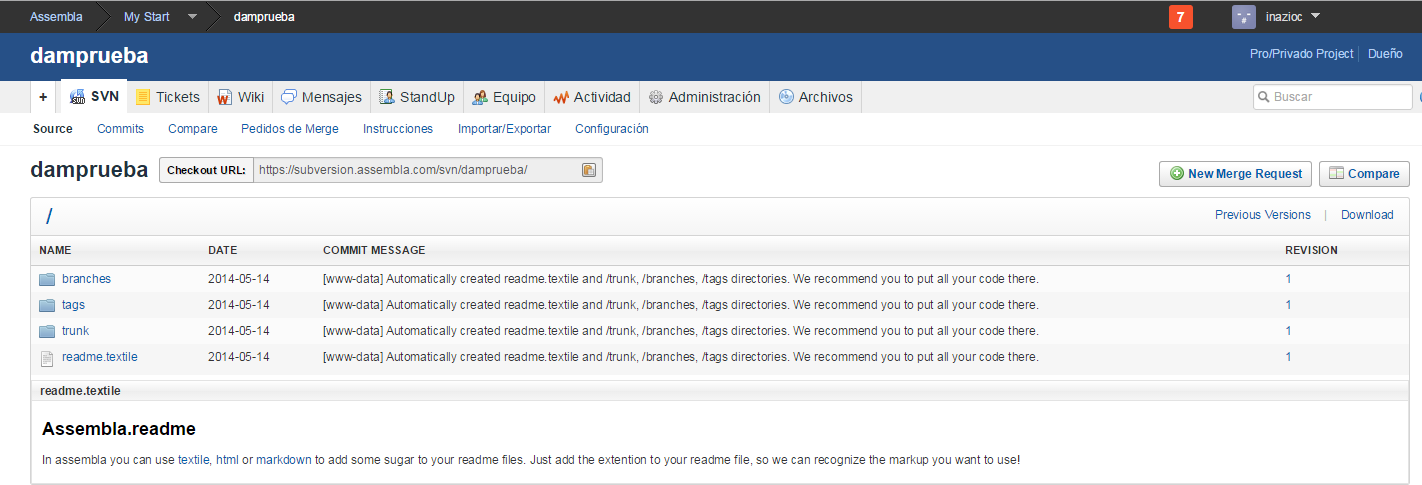 Página principal del proyecto en Assembla