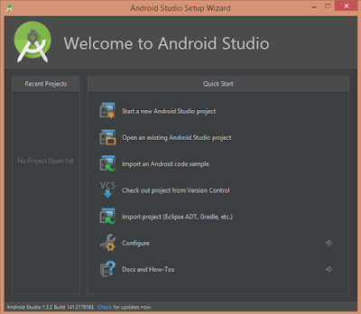Pantalla de bienvenida de Android Studio