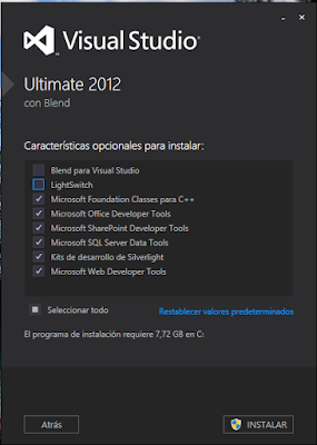 Selección de características a instalar