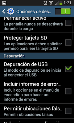 Opciones de desarrollador en el menú