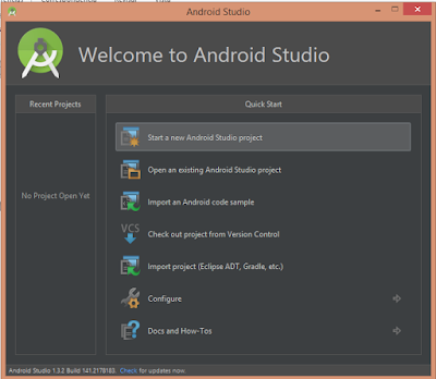 Pantalla de inicio de Android Studio