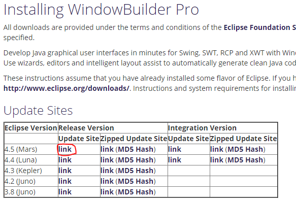 Selección de versión en la web de WindowBuilder