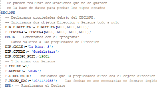 Tipos de objetos en Oracle - ejemplo completo